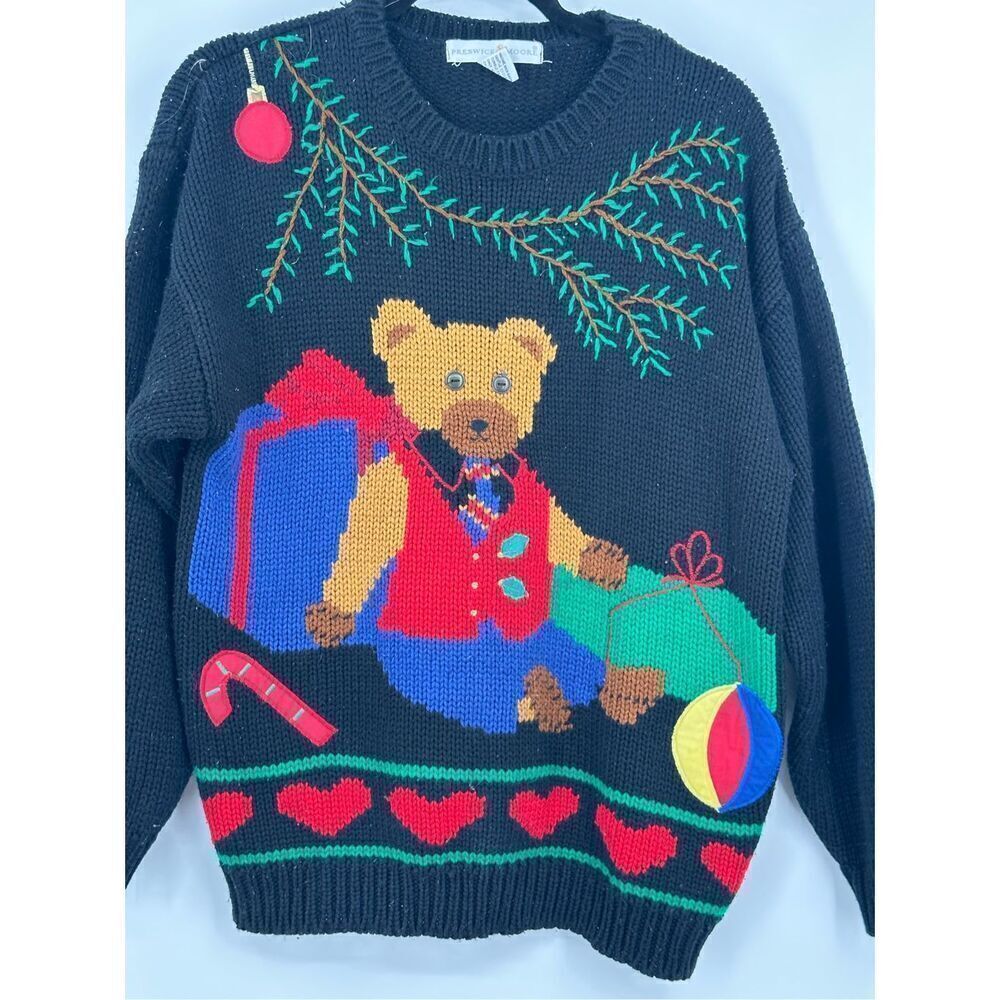 Preswick & Moore size L vintage Christmas Winter Teddy Bear Sweater - Picture 2 of 7